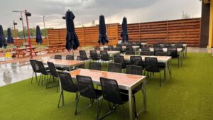 outdoor dining area on artificial turf