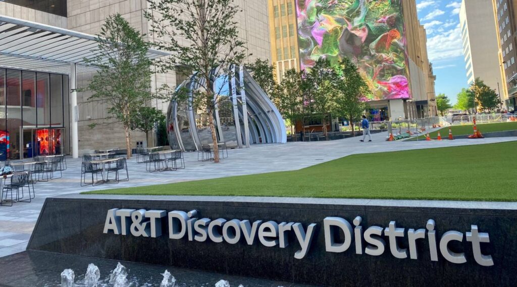 AT&T Discovery District fountan and artificial turf